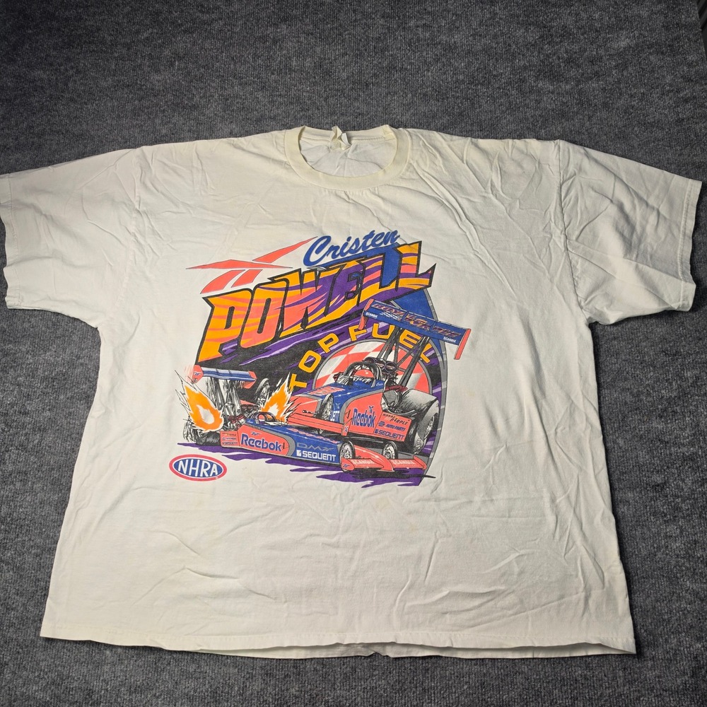 Vintage Jerzees Cristen Powell NHRA Reebok Racing T Shirt White 2XL 90s Dragster